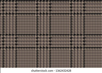 Brown Glen Plaid Seamless Vector Pattern with Black Overcheck 5x5 Houndstooth Check. Trendy High Fashion Print.  Prince of Wales Check. Traditional Scottish Fabric. Repeating Tile Swatch Included.
