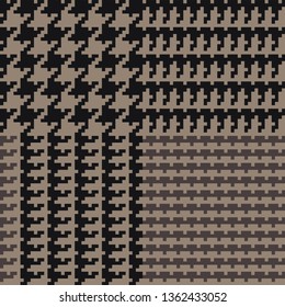 Brown Glen Plaid Seamless Vector Pattern with Black 5x5 Houndstooth Check. Trendy High Fashion Print.  Prince of Wales Check. Traditional Scottish Fabric. Pixel Perfect Repeating Tile Swatch Included.