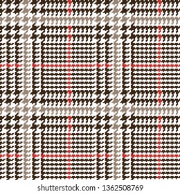 Brown Glen Plaid Seamless Vector Pattern with Red and Beige Overcheck Stripes. Prince of Wales Check. Classic 5x5 Houndstooth Textile Print. Traditional Scottish Fabric. Pixel Pattern Tile Swatch Incl