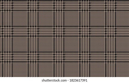 Brown Glen Plaid Seamless Vector Pattern with Black Overcheck 5x5 Houndstooth Check. Trendy High Fashion Print.  Prince of Wales Check. Traditional Scottish Fabric. Repeating Tile Swatch Included.