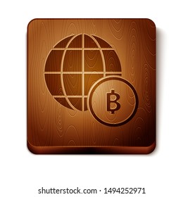 Brown Globe and cryptocurrency coin Bitcoin icon isolated on white background. Physical bit coin. Blockchain based secure crypto currency. Wooden square button. Vector Illustration