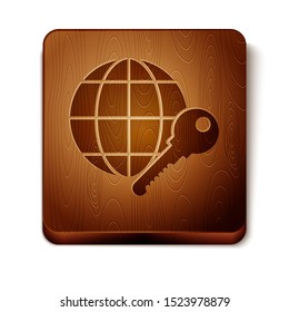 Brown Globe key icon isolated on white background. Wooden square button. Vector Illustration