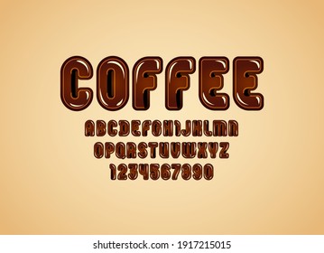 Brown glossy rounded font, trendy alphabet in the cartoon style, modern letters and numbers with contour, vector illustration 10EPS