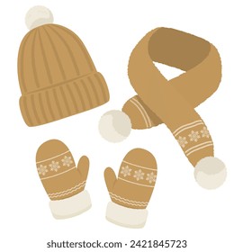 Guantes marrones, bufanda, sombrero de invierno