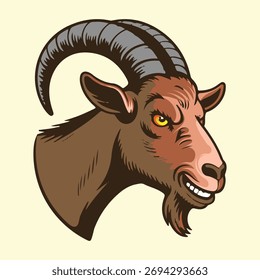 Braune Ziege Maskottchen Vektor. Kraftvolle Hörner mit fokussiertem Blick.