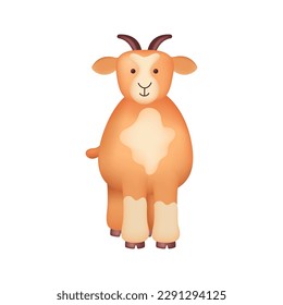 Brown goat smiling 3d vector illustration. Adorable domestic or wild animal standing in cartoon style isolated on white background. Animal, nature, farm concept