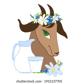 Brown goat with a wreath of wildflowers on its head. Jug and glass. Goat milk. Dairy farm, organic, natural products. Goat milk logo for dairy and meat business - shop, market. Vector illustration