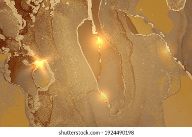 Brown and gold abstract marble background with sparkles. Vector texture in alcohol ink technique with glitter. Template for banner, poster design. Fluid art painting