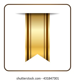 Brown and gold bookmark banner. Vertical book mark, isolated on white background. Color tag, label. Flag symbol, sign. Design element blank. Empty sticker for sale. Template icon. Vector illustration