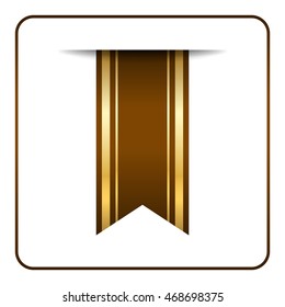 Brown and gold bookmark banner. Vertical book mark, isolated on white background. Color tag, label. Flag symbol, sign. Design element blank. Empty sticker. Template icon. Vector illustration