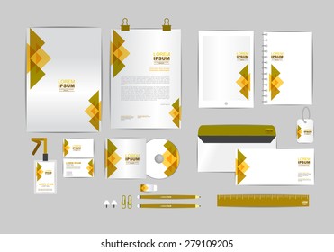 Brown And Gold Corporate Identity Template  For Your Business Includes CD Cover, Business Card, Folder, Ruler, Envelope And Letter Head Designs