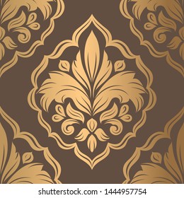 Brown and gold damask seamless pattern. Vintage vector background template, luxury elements. Great for fabric, invitation, wallpaper, decoration, packaging or any desired idea.