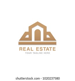 Brown gold Real Estate Logo Design concept and business card template on white background.