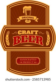 Brown and gold vintage label showcasing original craft beer, highlighting a full beer glass alongside wheat stalks and featuring the words handcrafted product in elegant typography