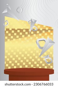 Brown, gold and white cylinder pedestal podium. Abstract stage showcase for presentation. Futuristic product display. Mockup minimal geometric forms, empty scene.
