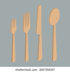 Brown or Gold or Wooden 3D isometric cutlery set with flat style for vector symbol or food (Spoon, Butter Knife, Fork, Little Fork).