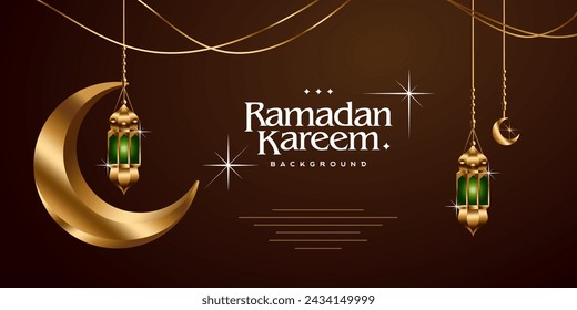 brown and golden ramadan kareem greeting card vector. 3d vector modern Islamic holiday banner, Ramadan Kareem means Ramadan the Generous Month. hanging lantern and crescent moon decor illustration