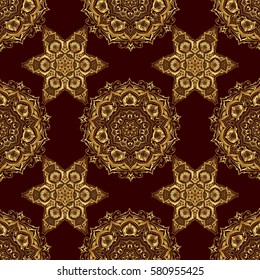 Brown and golden seamless pattern. Geometric repeating vector ornament with golden elements. Seamless abstract modern pattern on a brown backdrop.
