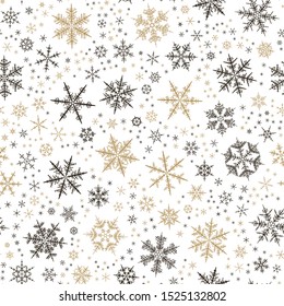 Brown, golden snow flake tracery seamless pattern on white. Abstract geometric texture background vector illustration. Winter xmas new year ornament for prints, package, wrapping paper, greeting card