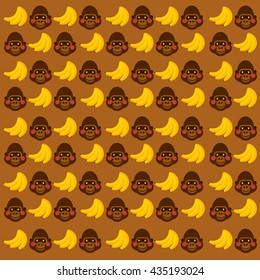 Brown Gorilla with Bananas Tropical Vector Illustration Pattern