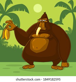 Brown Gorilla Cartoon Character Is Holding A Banana. Vector Illustration With Jungle Background