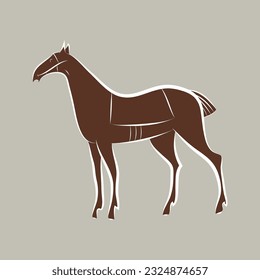 Brown graceful noble horse with white outline. Mustang hand drawing. Majestic animal silhouette isolated. Bay stallion suit. Racehorse template mascot symbol. Emblem for stable, farm, horse racing.