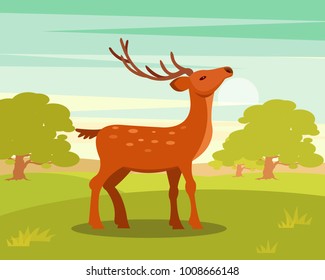 Brown graceful spotted deer with branched horns,, wild animal amongst a backdrop of green meadow and forest vector Illustration