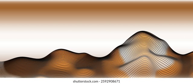 Brown gradient abstract line art mountain landscape seen from room window. Vector illustration
