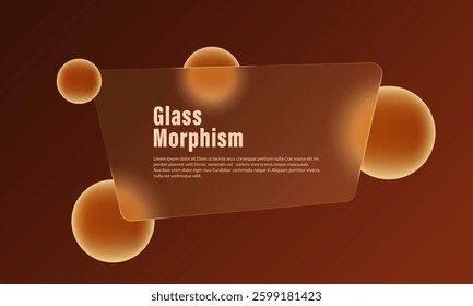 Brown gradient background with imitation glass banner with glowing spheres. Website landing page template in glass morphism style.