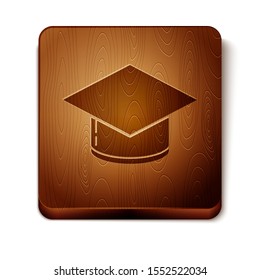 Brown Graduation cap icon isolated on white background. Graduation hat with tassel icon. Wooden square button. Vector Illustration