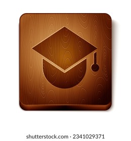 Brown Graduation cap on globe icon isolated on white background. World education symbol. Online learning or e-learning concept. Wooden square button. Vector Illustration