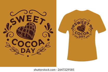 Um design gráfico marrom com um coração e as palavras "Sweet Cocoa Day" são exibidas em uma camiseta.