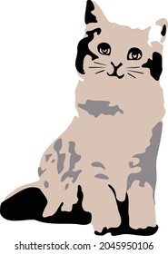 A brown and gray fat cat, smiling with big eyes, sitting quietly, looks very smart and handsome, vector front view.
