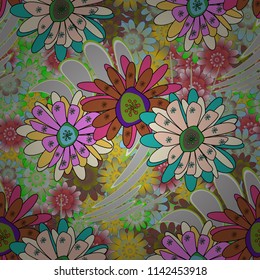 Brown, gray and green background with flowers pattern. Vector floral seamless pattern.