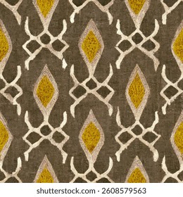 Brown and gray patterned fabric with yellow accents, grunge lines ikat pattern, striped seamless pattern, Vector illustration background for print the paper.