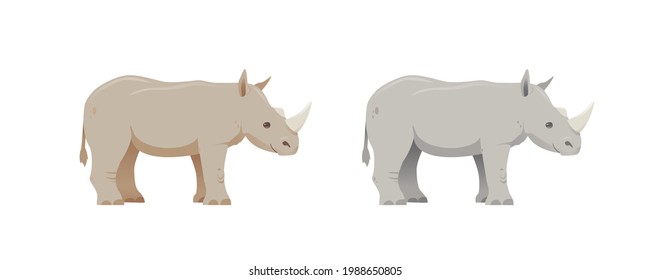 Brown and Gray Rhino in cartoon style. Happy friendly rhinoceros. Wild animal. Isolated cute children's illustration on white background. Vector, EPS10.