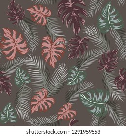 Brown and gray tropical palm leaves, monstera seamless pattern on the taup background. Flat vector wallpaper