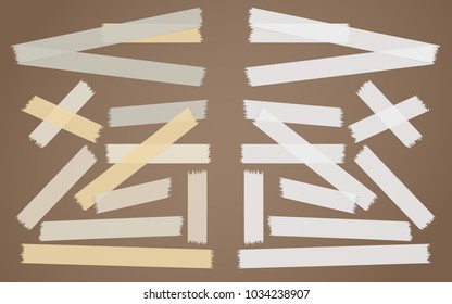 Brown, gray, white adhesive, sticky, masking, duct tape, paper strips, pieces for text on brown background
