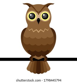 Brown Great Horned Owl Cartoon Perch On Black Pipe Vector Isolated On White Background