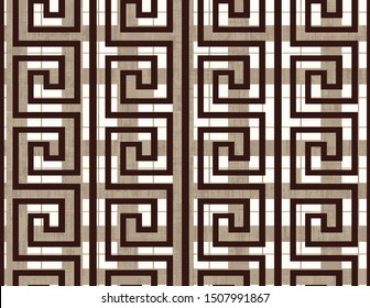 Brown Greek key meander plaid ornaments on taupe checkered radial background. Repeat abstract monochrome backdrop.  Modern decorative geometry textile print for bed linen, jacket, package design