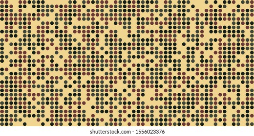 Brown, green, black circles on yellow background. Small circles  as particles or dots evenly to each other. 4 colors. Background for posters, banners, business cards, videos, sites and blogs.
