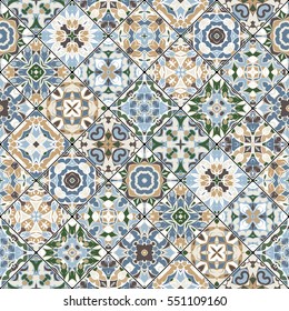 Brown, green and blue abstract patterns in the mosaic set. Square scraps in oriental style. Vector illustration. Ideal for printing on fabric or paper.