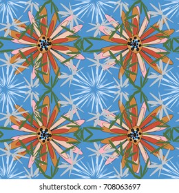 Brown, green and blue colors vector seamless pattern with many flowers.