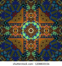 Brown, green and blue mandalas. Vector hand drawn art, typical portuguese tiles. Seamless abstract background. Ceramic tiles pattern. Traditional ornate portuguese decorative tiles azulejos.