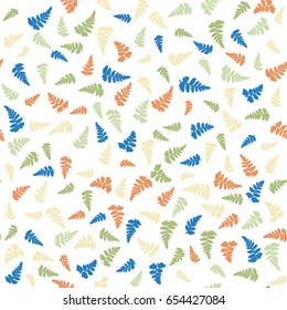 Brown, green and blue plant leaves flying background, fern frond seamless vector illustration. Tropical forest or garden bracken herbs, textile print.