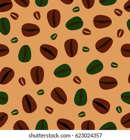 Brown and green coffee beans on a orange background.Seamless pattern. Vector illustration.