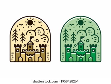 Brown and green color of line art castle illustration design