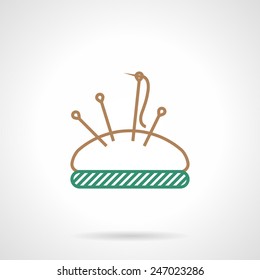 Brown and green flat line vector icon for pincushion with set of needles isolated on gray background.