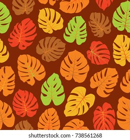 Brown and green floral jungle ornament with monstera leaf tropical seamless pattern vector.  Philodendron or monstera plant background. Tropical pattern with jungle leaves decor, seamless background.