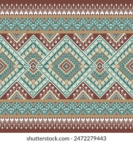 Brown green Geometric ethnic oriental seamless pattern thai traditional Design for background,carpet,wallpaper,clothing,wrapping,Batik,fabric,Vector illustration.embroidery style